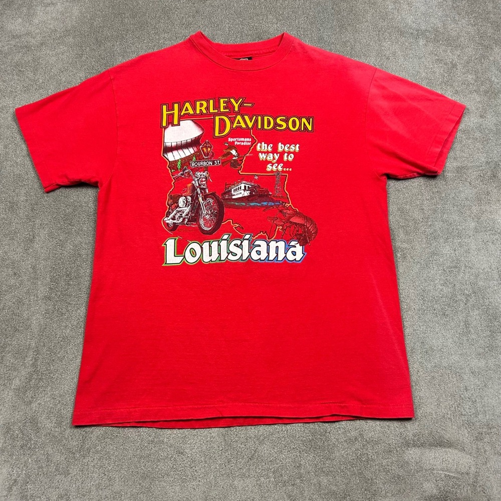 Vintage 1993 Harley Davidson Louisiana T Shirt Red Single Stitch Baton Rouge L